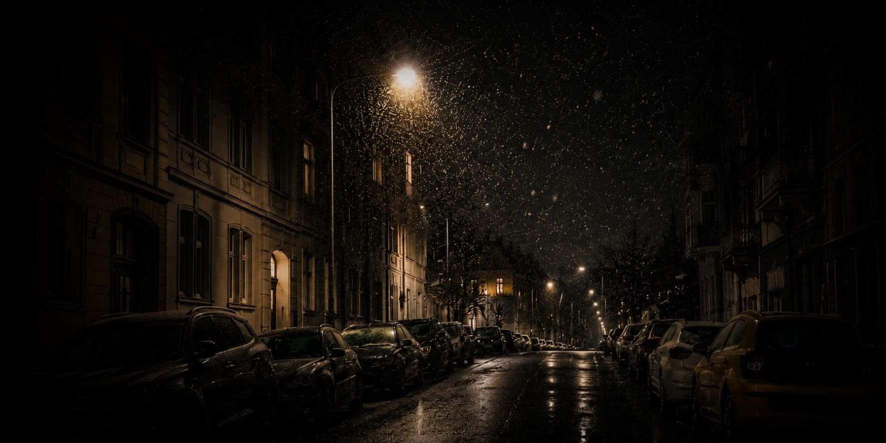 Verschneite Straße bei Nacht im Licht von Straßenlaternen mit nassem Asphalt und winterlicher Atmosphäre.