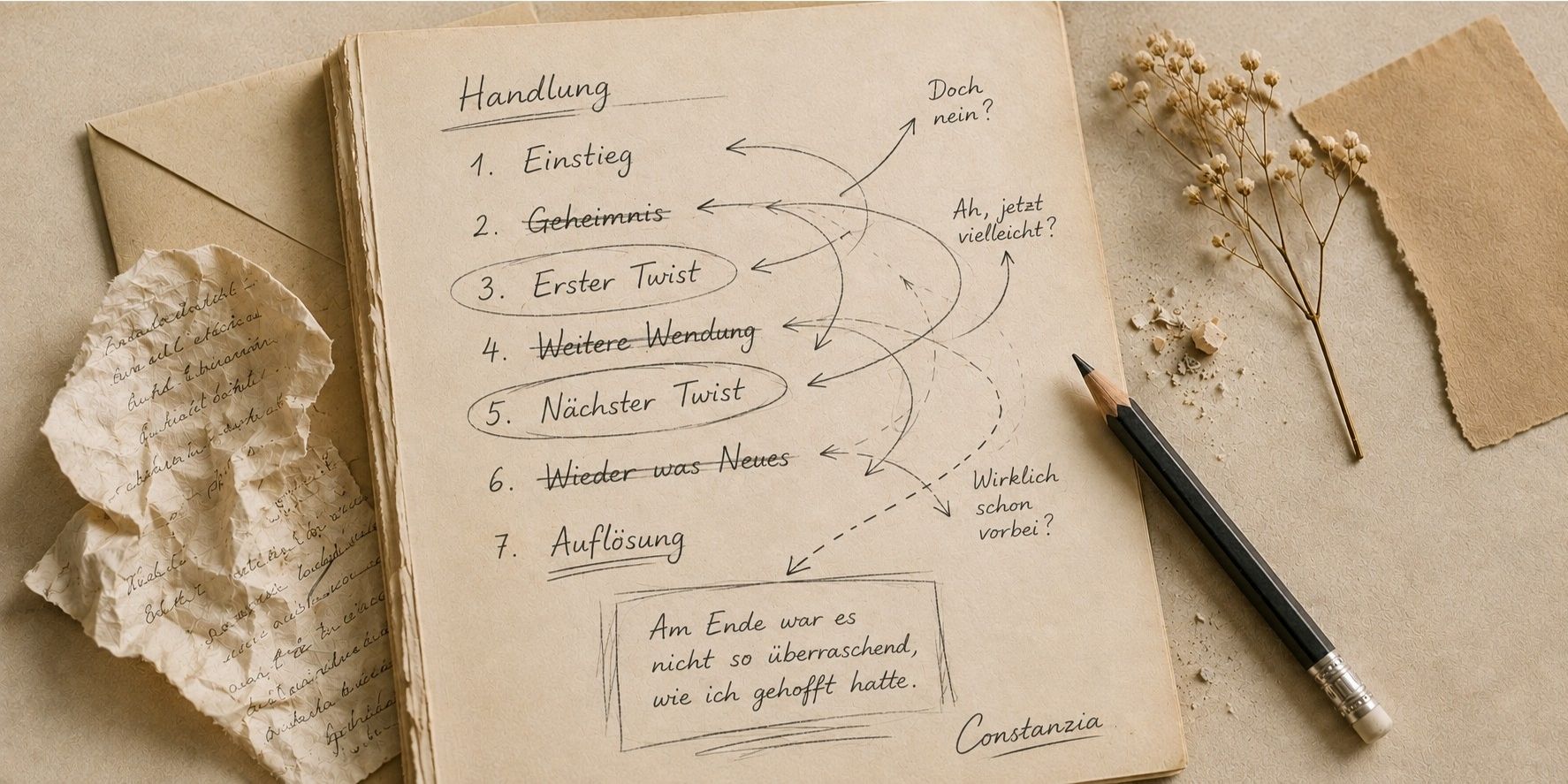 Handschriftliche Handlungsskizze mit markierten Wendungen und Notizen auf Papier.