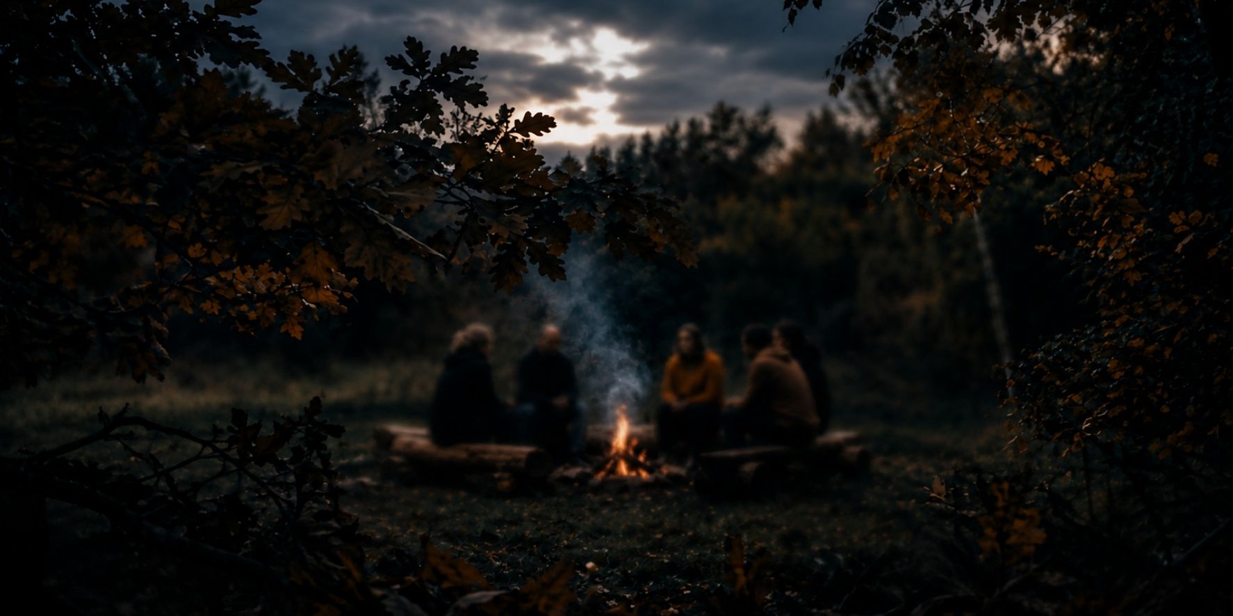 Fünf Menschen sitzen bei Dämmerung um ein kleines Lagerfeuer in einem herbstlichen Wald.