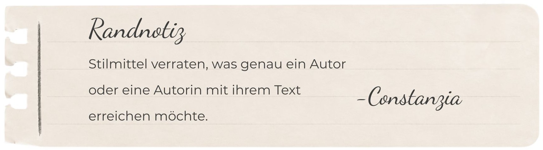 Illustration einer Randnotiz zum Thema Stilmittel mit einem Gedanken über Sprache, Schreiben und Textwirkung.