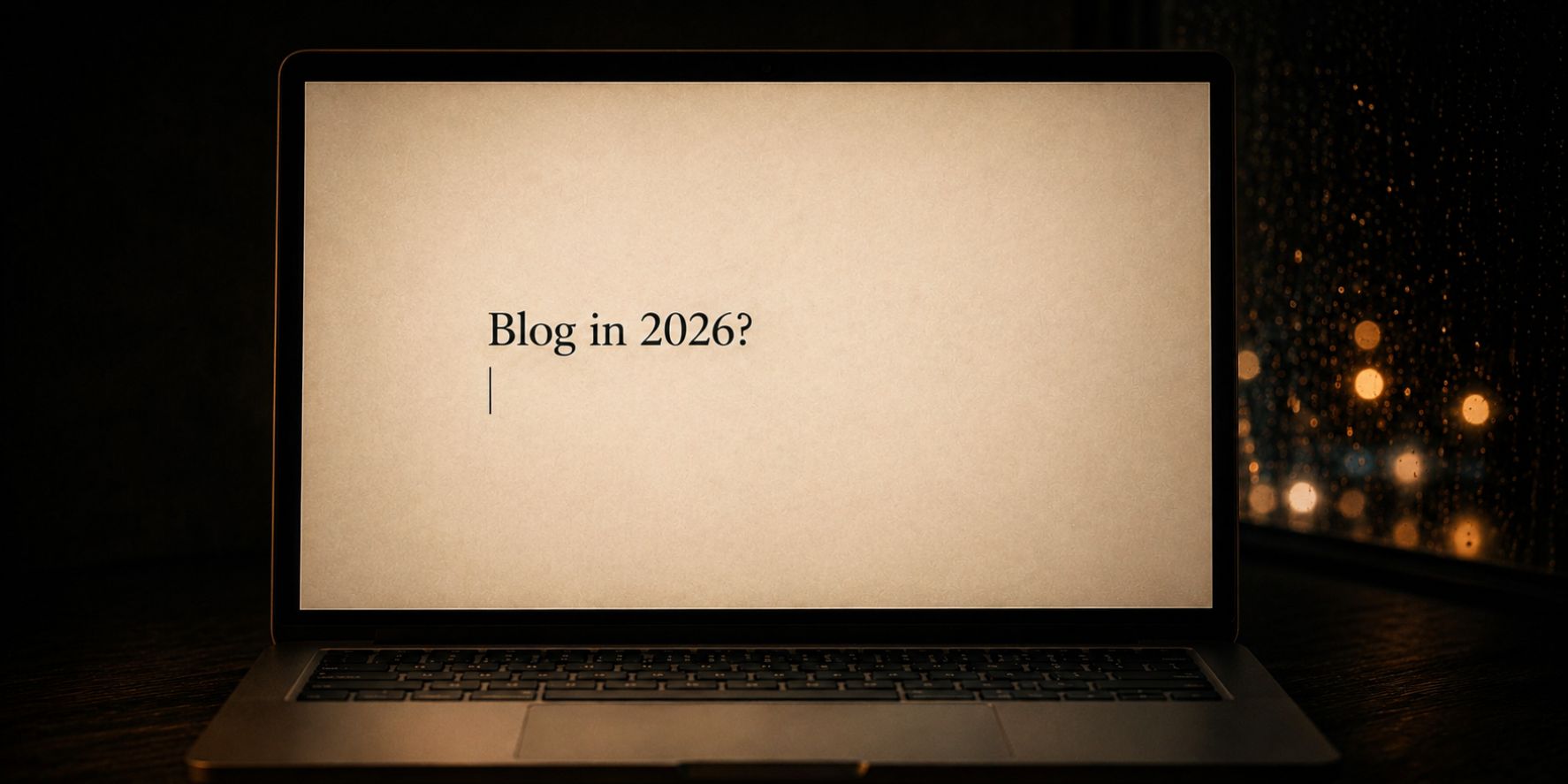 Laptop bei Nacht an einem Schreibtisch vor einem regennassen Fenster; auf dem warm beleuchteten Bildschirm steht „Blog in 2026?“