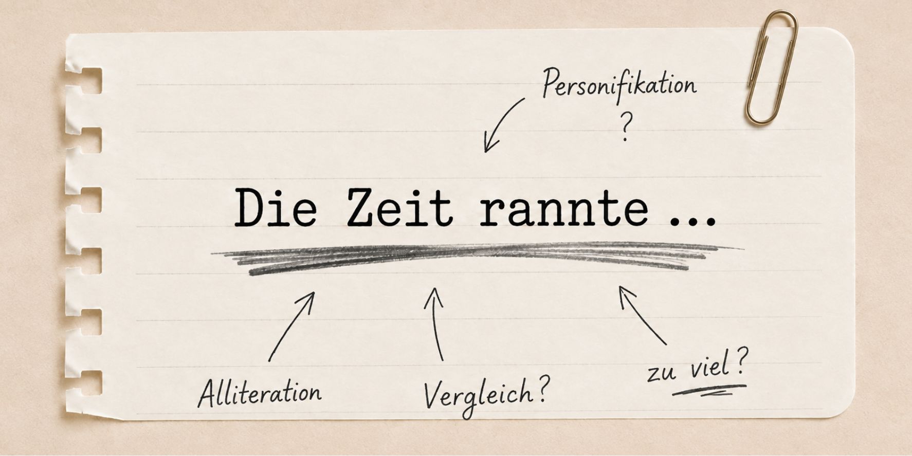 Liniertes Notizblatt mit handschriftlichen Markierungen zu Stilmitteln und dem Beispielsatz ‚Die Zeit rannte …