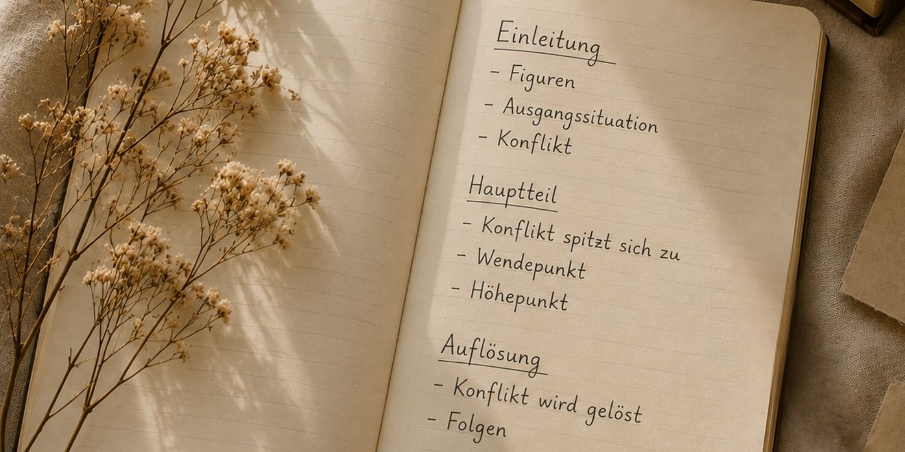 Aufgeschlagenes Notizbuch mit handschriftlicher Drei-Akte-Struktur, getrockneten Blumen und Büchern auf einem warmen Leinenuntergrund.