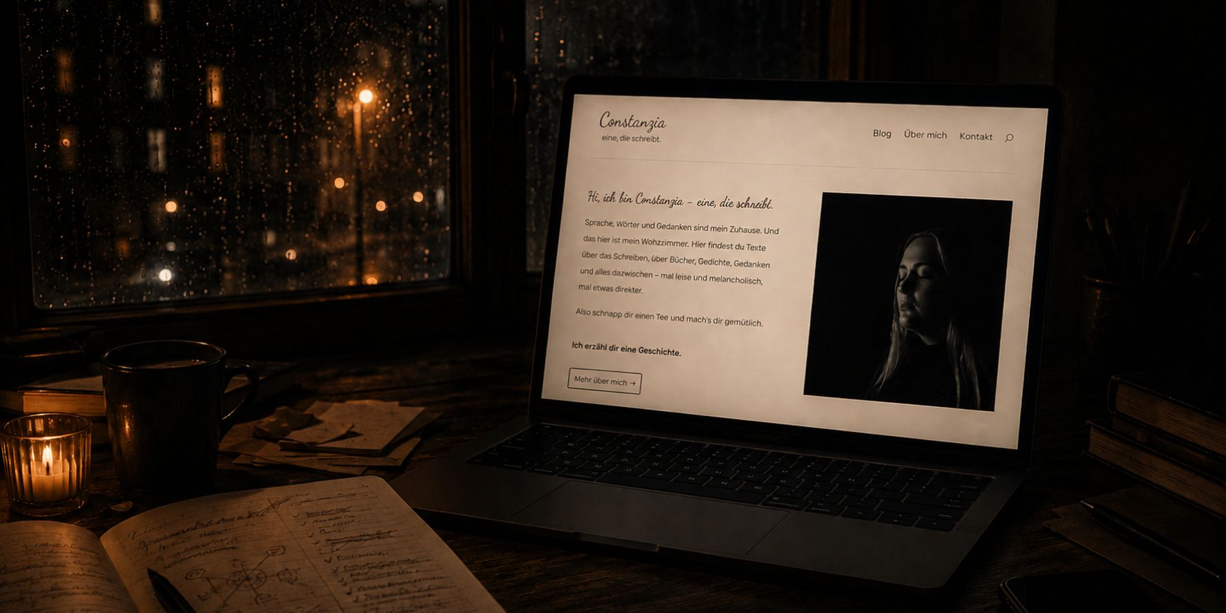 Laptop mit persönlicher Website auf einem dunklen Schreibtisch bei Regen, daneben Notizbuch, Kaffeetasse und Bücher.