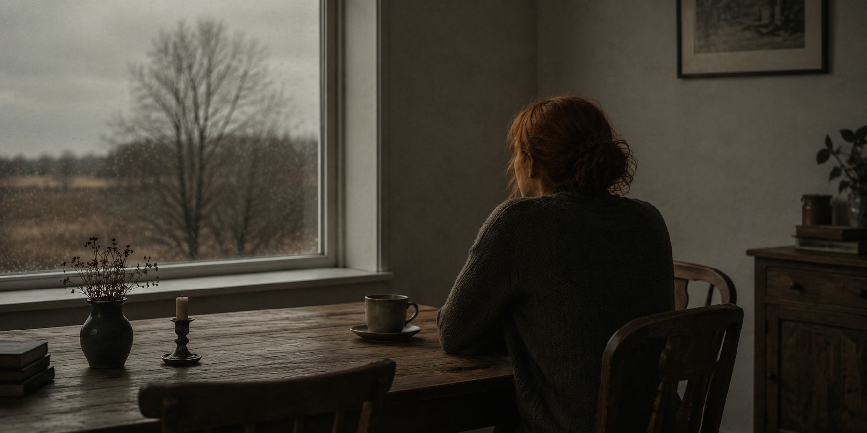 storytelling-beispiel-traurige-frau-am-tisch Frau mit roten Haaren sitzt mit einem Getränk am Tisch und blickt aus dem Fenster