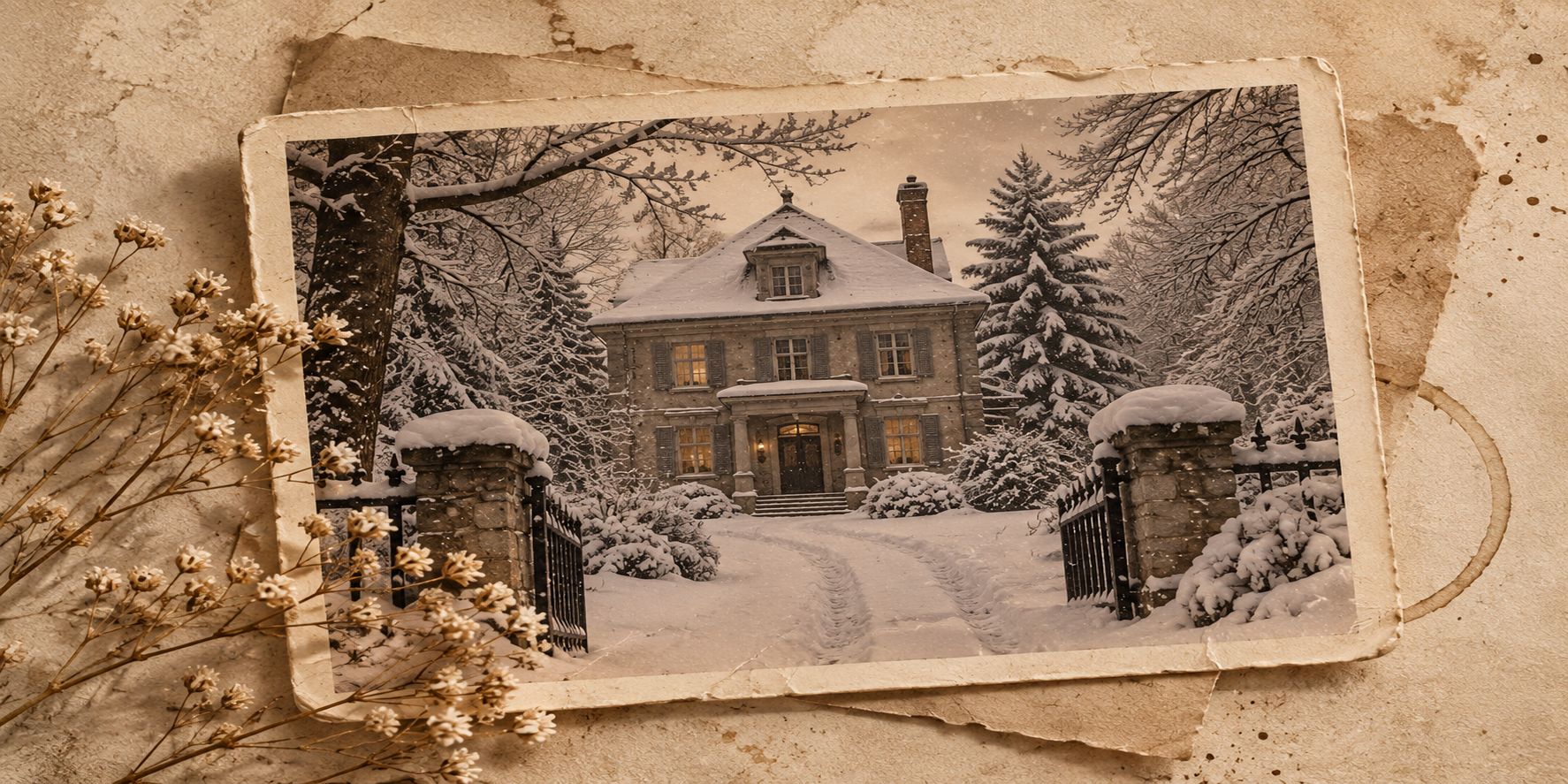 Verschneites, abgelegenes Herrenhaus im Winter, umgeben von hohen Bäumen und verschneiten Sträuchern. Die Szene wirkt düster und unheimlich.