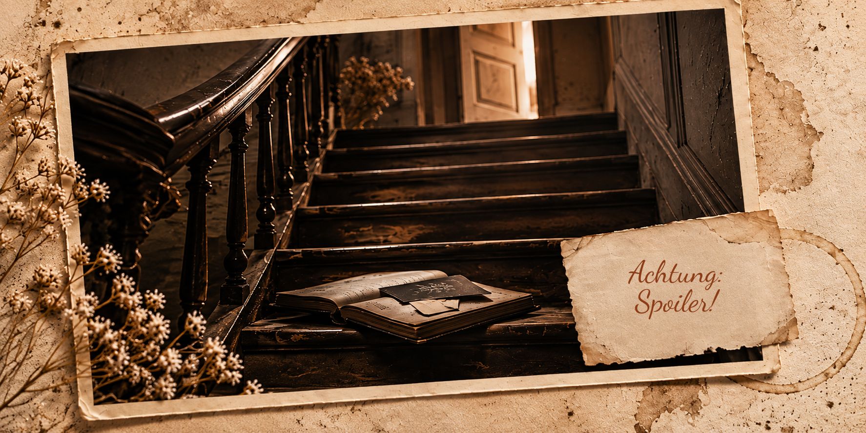 Dunkle Holztreppe in einem alten Haus mit einem aufgeschlagenen Buch auf den Stufen. Ein Pergament weist mit der Aufschrift „Achtung: Spoiler!“ auf den Spoilerbereich hin.