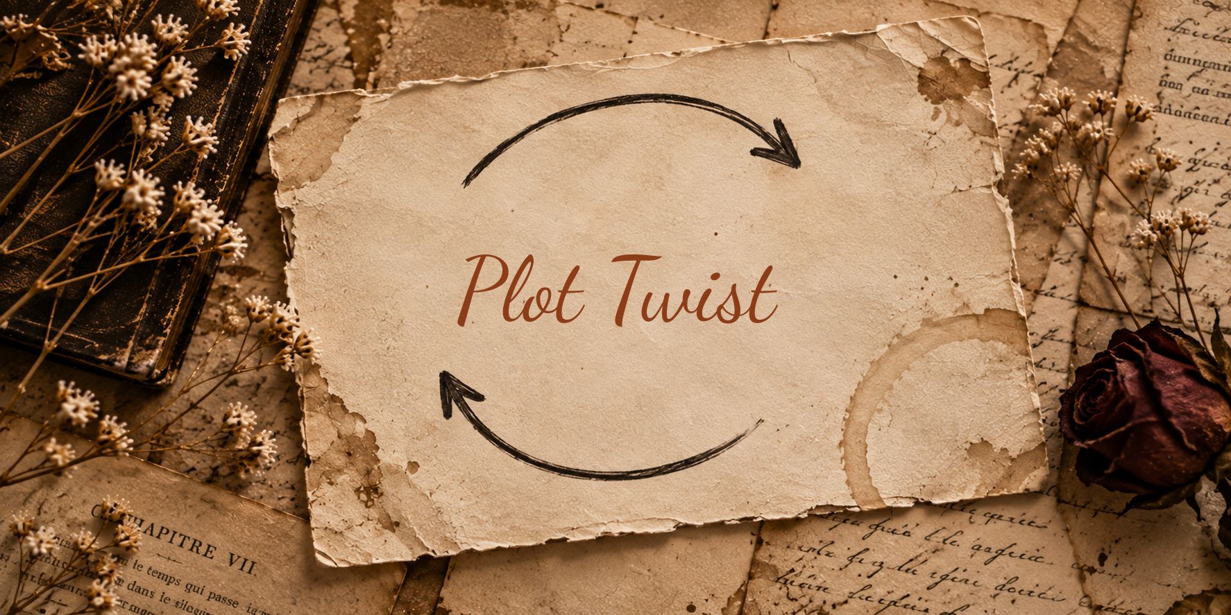 Alte, beschriebene Papiere, ein dunkles Buch und eine vertrocknete Rose. Auf einem Pergament steht „Plot Twist“, umgeben von zwei gezeichneten Pfeilen.