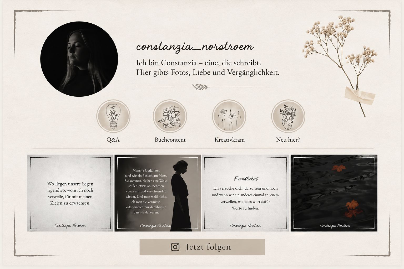 Gestaltete Vorschau des Instagram-Profils von Constanzia Norström mit Profilbild, Kurzbiografie und einer Auswahl poetischer Bild- und Textbeiträge.