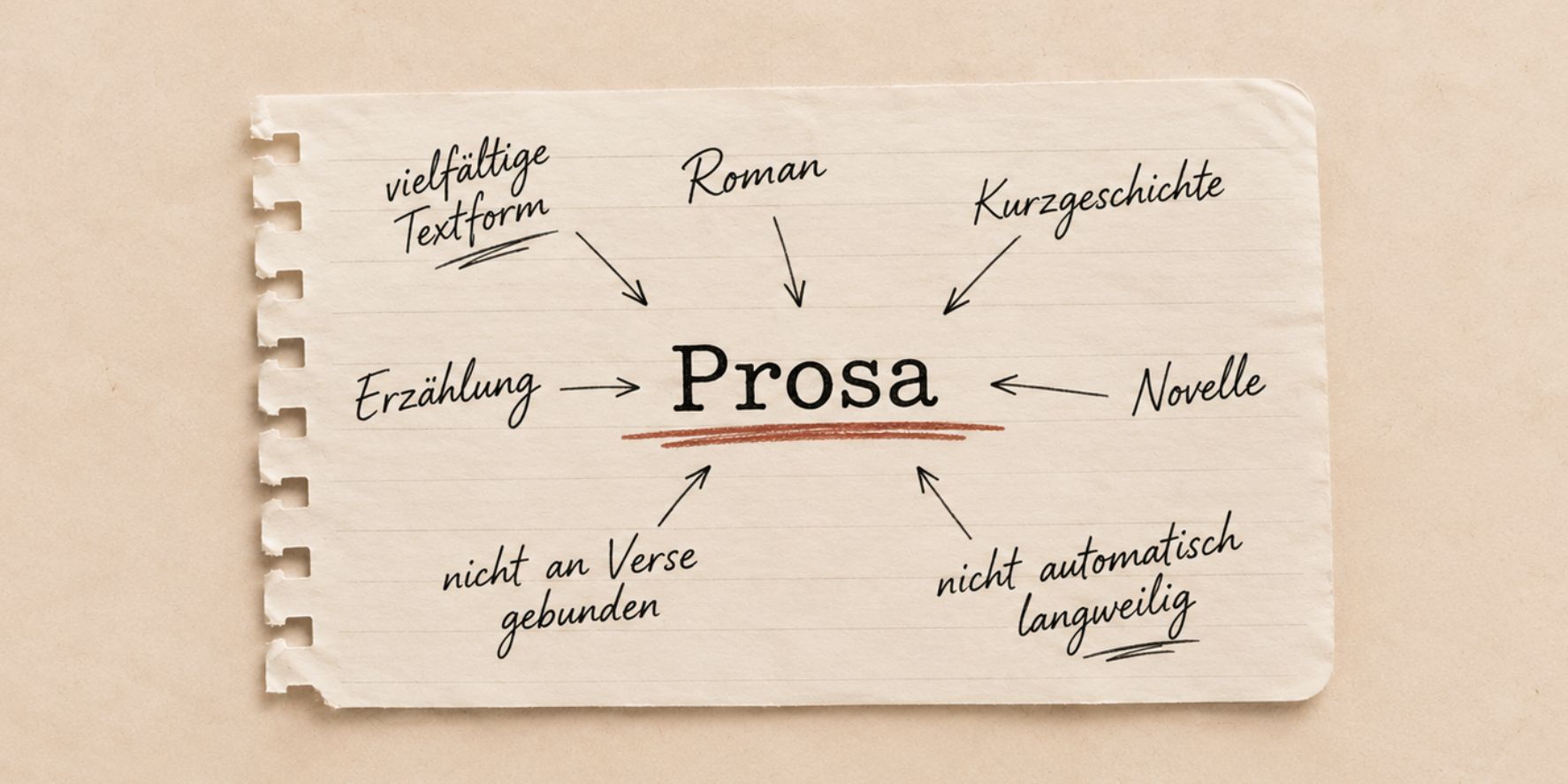 Prosa: Definition, Merkmale und Formen – Begriffe wie Roman, Kurzgeschichte und Novelle auf einem Notizzettel.
