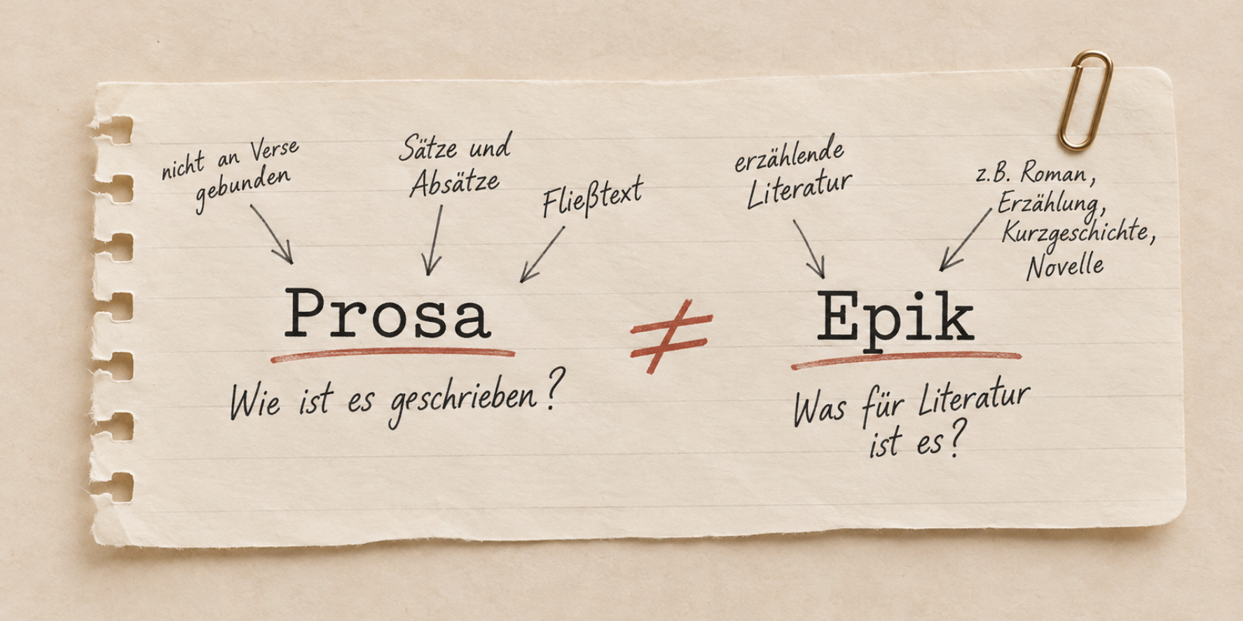 Prosa und Epik – der Unterschied Notizblatt mit den Begriffen Prosa und Epik und den Fragen „Wie ist es geschrieben?“ und „Was für Literatur ist es?“