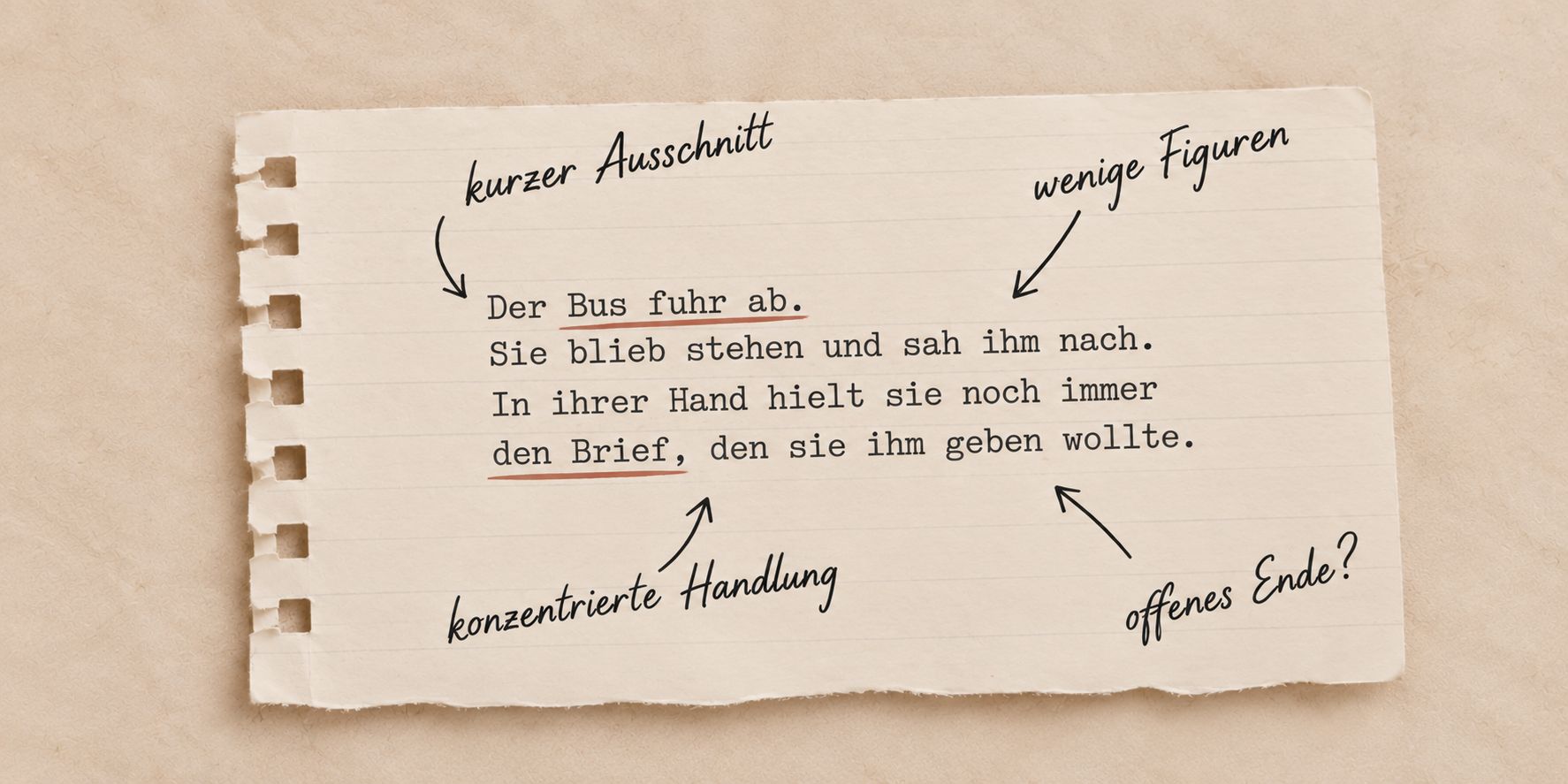kurzprosa-beispiel-merkmale-prosatext Notizblatt mit einem kurzen Prosatext und handschriftlichen Hinweisen auf kurzen Ausschnitt, wenige Figuren, konzentrierte Handlung und offenes Ende