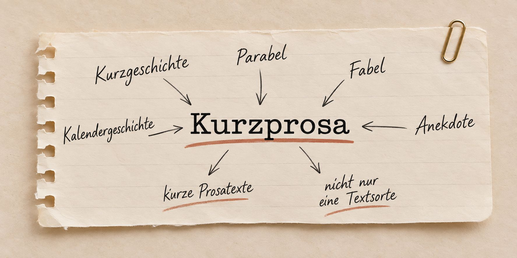Notizblatt mit dem Begriff „Kurzprosa“ und Beispielen wie Kurzgeschichte, Parabel, Fabel, Anekdote und Kalendergeschichte